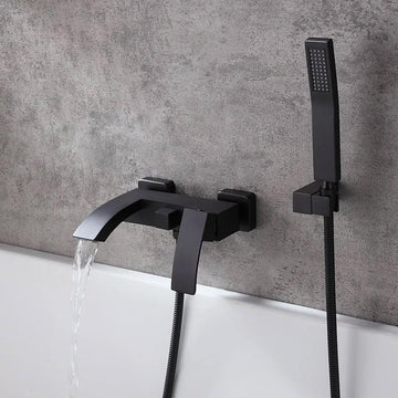 Ridge Wall Mount Waterfall Bathtub Faucet Matte Black with Hand Shower Solid Brass